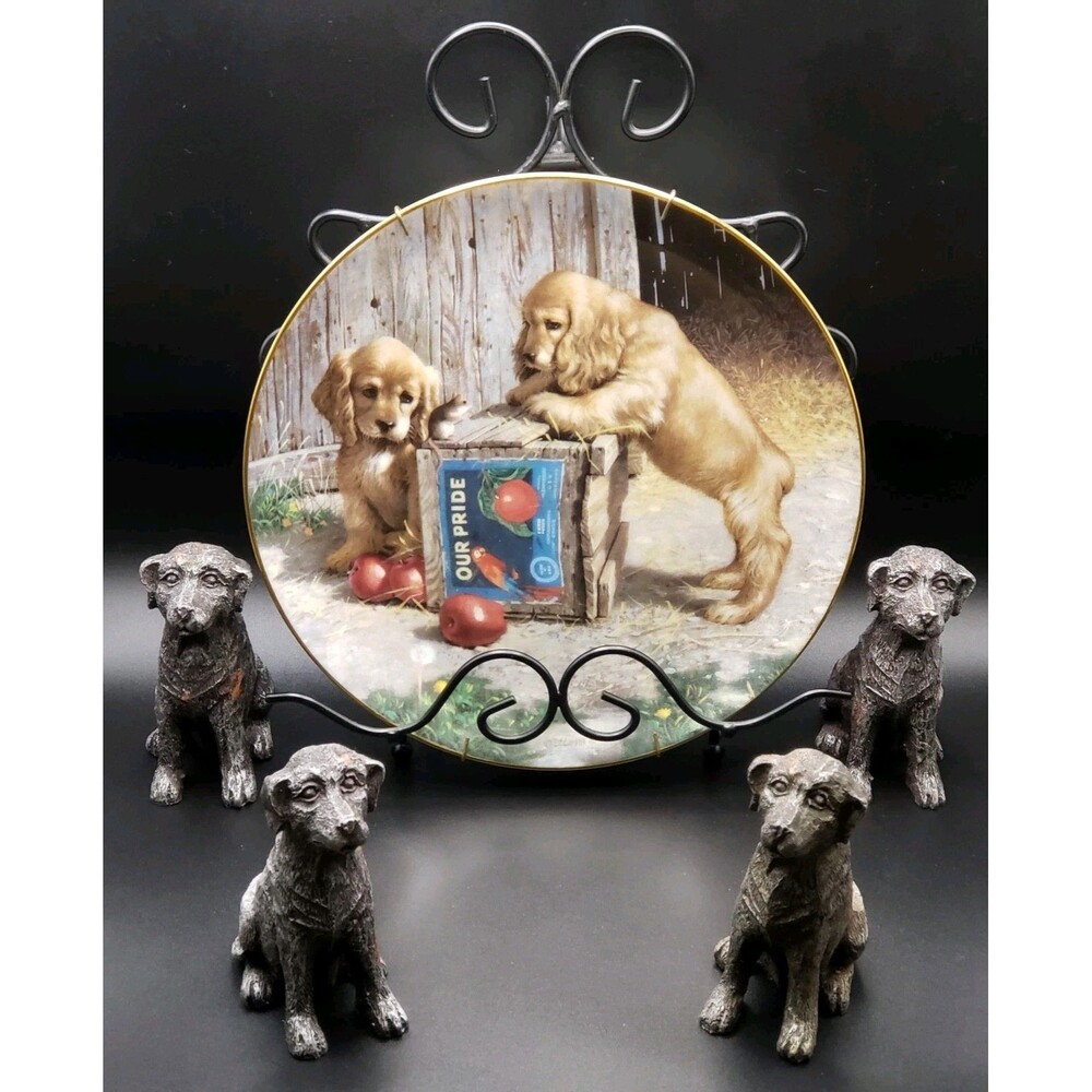 "Double Take" Collectable Plate + 4  Puppy Dog (Plate/Plant) Holder By Jim Lamb